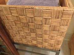 Wicker Storage Chest, Wooden Stools, and Wicker Stool