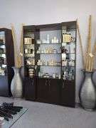 Salon 3-Section Display Cabinet With Mirrored Back, Glass Shelves And Lower Storage, Contents NOT Included, Friday Pick Up ONLY