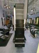 Double Sided Salon Styling Station With Rollout Storage And Power Supply On Casters