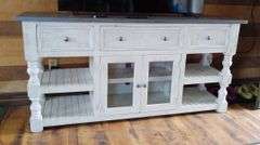 Distressed Farmhouse 3-Drawer Media Console Table With Glass Doors and Shelving