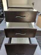 Double Sided Salon Styling Station With Rollout Storage And Power Supply On Casters