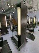 Double Sided Salon Styling Station With Rollout Storage And Power Supply On Casters