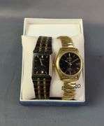 Seiko Black Toned Stainless Steel+Base Metal Watch, In Box With Spare Links, And Seiko SQ Gold Toned Base Metal+Stainless Steel Back Watch