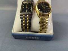 Seiko Black Toned Stainless Steel+Base Metal Watch, In Box With Spare Links, And Seiko SQ Gold Toned Base Metal+Stainless Steel Back Watch