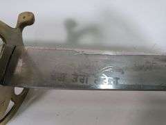 Sword Made In India With Embossed Blade, Brass Guard, And 'Deg Tegh Fateh' Written On Blade (Victory To Charity And Arms In Punjabi), 13.5" Blade, In Scabbard