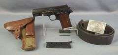 Hungarian P. Mod 37 7.65mm Pistol SN# 68972, 2 Total Mags, In Leather Holster On Belt With Nazi Buckle