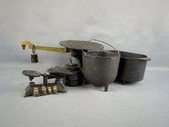 Assorted Scales, Measuring Weights, and Miniature Cast Iron Pots