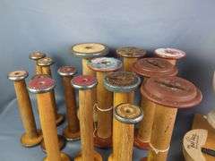 Wood Spools, Various Sizes, Qty 15, Hat Stretchers, Qty 2, And Foam Mannequin Head On Wood Head Stand