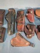 Pistol And Revolver Leather Hoster Collection, Various Styles, Brands Include Smith & Wesson, REM, Brauer Bros, Hunter, And More, Total Qty 11
