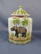 Ceramic Elephant Motif Jar, Planter, and Metal Palm Tree Candlestick - 3 Piece Set