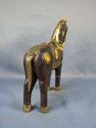 Hand Carved Wooden Horse Statue With Brass Accents