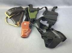 Leather Holster Marked USAF On Belt, Buchheimer PM-32 Leather Holster, And Nylon Shoulder Holster