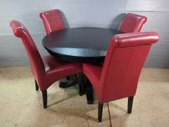 Grandin Road Round Black Dining Table with Four Red Upholstered Chairs