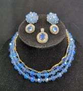 Ladies Vintage Glass Beaded Necklace With Matching Cluster Clip-On Earrings, Gold Toned And Blue Crystal Necklace And Pendant With Earring Set
