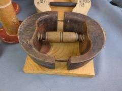 Wood Spools, Various Sizes, Qty 15, Hat Stretchers, Qty 2, And Foam Mannequin Head On Wood Head Stand