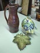 Pottery Pitcher, Handpainted Piggy Bank, and Brass Maple Leaf Tray Set