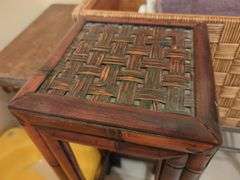 Wicker Storage Chest, Wooden Stools, and Wicker Stool