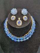 Ladies Vintage Glass Beaded Necklace With Matching Cluster Clip-On Earrings, Gold Toned And Blue Crystal Necklace And Pendant With Earring Set