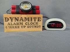 Variety of Alarm Clocks Including 'Dynamite' Clock and Wood Cased Clock