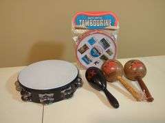 Percussion Instruments Including Remo Tambourine, Maracas, and Souvenir Tambourine