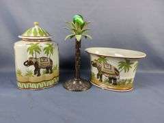 Ceramic Elephant Motif Jar, Planter, and Metal Palm Tree Candlestick - 3 Piece Set