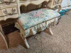 Vanity Table with Mirror and Upholstered Floral Stool