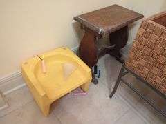 Wicker Storage Chest, Wooden Stools, and Wicker Stool