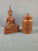 Carved Wood Buddha Statue And Floral Canister Set