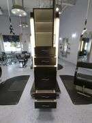 Double Sided Salon Styling Station With Rollout Storage And Power Supply On Casters