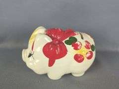 Hand Painted Ceramic Piggy Bank With Red Bow Decoration