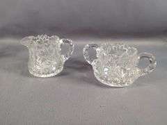 Crystal Cut Glass Pitcher, Creamer, Sugar Bowl, And Glasses