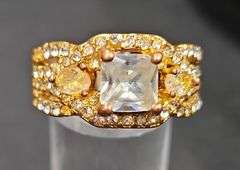 Ladies Gold And Copper Toned Ring With Clear Stones, Size 8.5