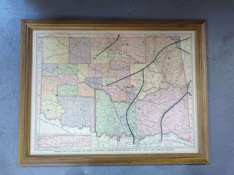 Framed Oklahoma Indian Territories and Missouri Road Map Poster
