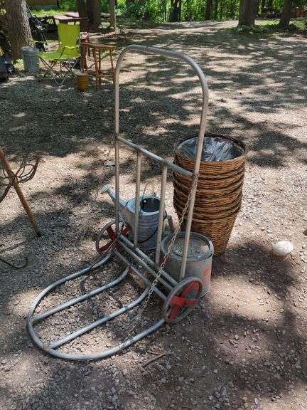 Rolling Utility Cart with Watering Can, Woven Flower Pots, And More
