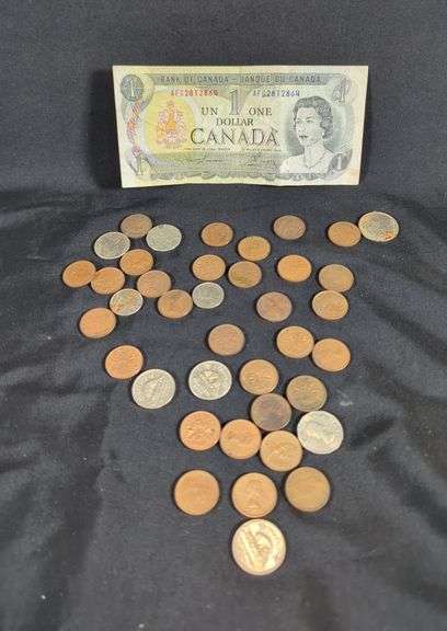 1973 Bank Of Canada 1 Dollar Bank Not And Assorted Canadian Coins