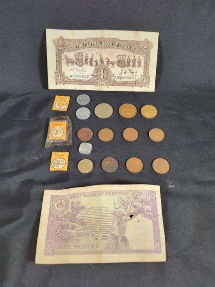 1936 Central Bank Of China Bank 1 Yuan Note, Pakistan 5 Rupees Bank Note, And Middle Eastern And Asia Coin Collection, Qty 16
