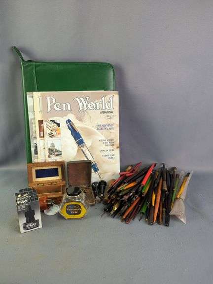 Fountain Pen Collection, Tejada Leather Pen Binder, Pen World Magazines, Qty 3, T-100 Drafting Film Ink, Pen Nibs, And More