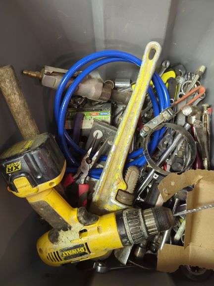 DeWalt Cordless Drill, Adjustable Wrench, Assorted Sockets, Pliers, an Air Hose, Hammer, And More