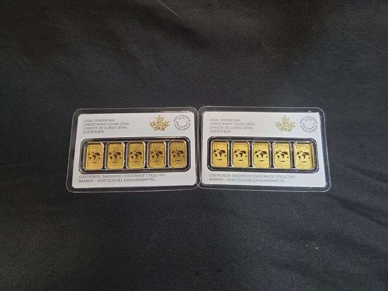 2016 Royal Canadian Mint 1/10 oz Gold Legal Tender $25 5-Bar Set, .9999 Fine Gold, Qty 2