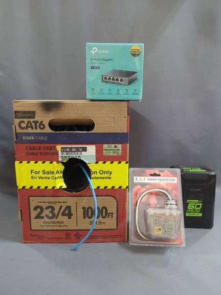 TP-Link Gigabit Switch, CAT6 Cable, Surge Protector, Greenworks Battery