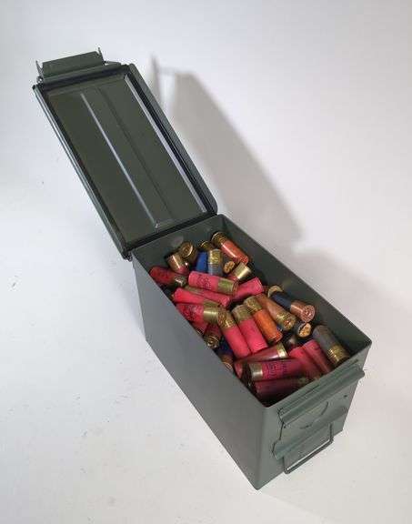 12 ga Ammo Assortment, Brands Include Remington, Winchester, Federal, Peters, Fiocchi, And More, Approx 169 Rds, In Metal Ammo Can 11.75" X 7.25" X 6", Local Pickup Only image