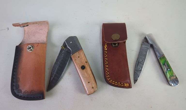 Damascus Steel 3.5" and 3" Folding Knives With Leather Sheaths image