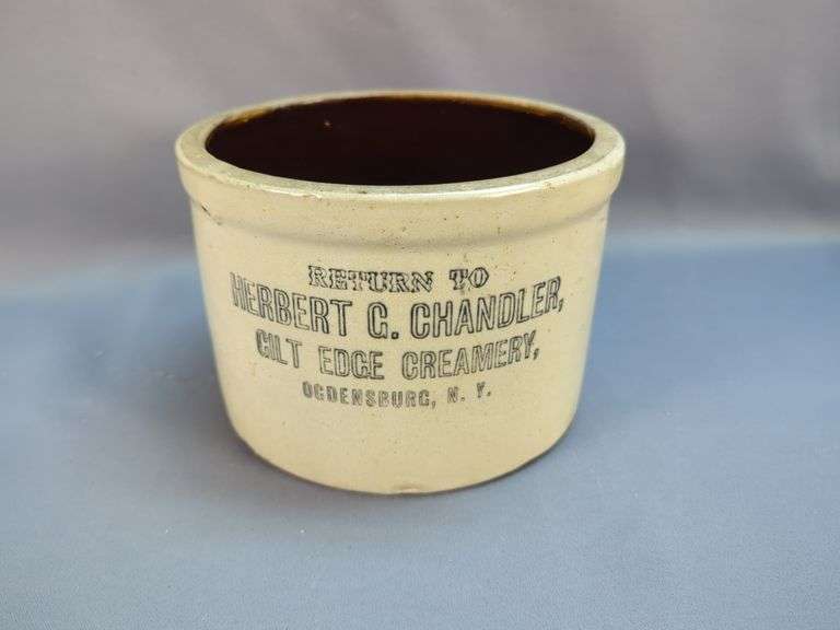 Herbert C. Chandler Gilt Edge Creamery Stoneware Crock, Ogdensburg, NY