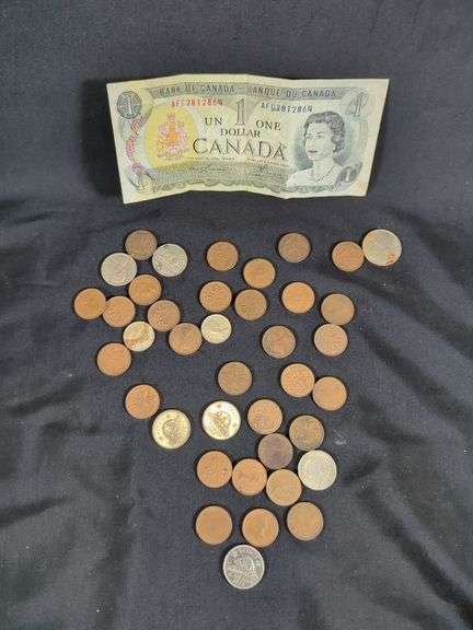 1973 Bank Of Canada 1 Dollar Bank Not And Assorted Canadian Coins