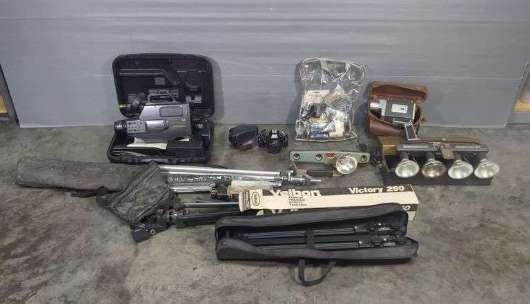 Camera Equipment Including VHS Movie Camera, Super 8, Minolta, Velbon Tripod, And Lighting