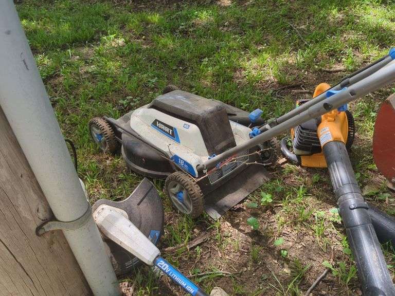 Lawn Care Equipment Assortment Including Hart Mower, String Trimmer, and Blowers