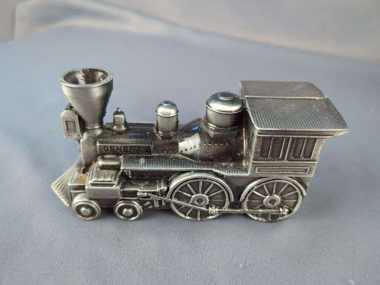 Pewter Train Set Bank: Locomotive, Coal Car, and Two Additional Cars