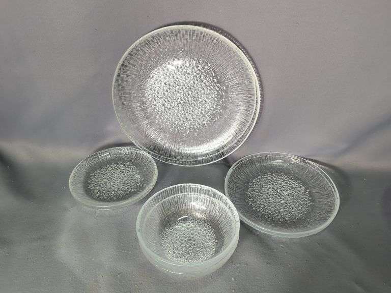 Iittala Finland Clear Glass Dishes Including Dinner Plate, Qty 2, Salad Plate, Qty 2, Dessert Plates, Qty 2 And Bowls, Qty 2