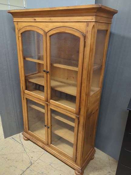 Pine Wooden Display Cabinet With Glass Doors And Shelves