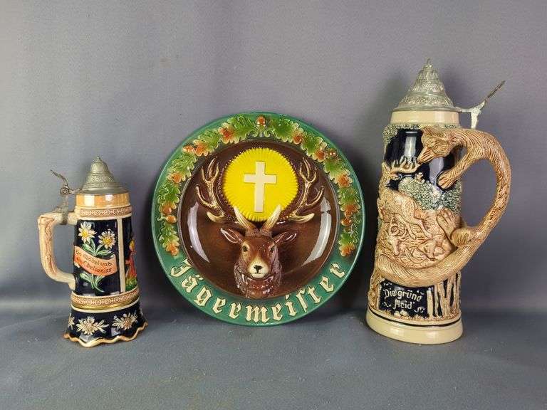 German Beer Steins and Jagermeister Wall Plate Collection